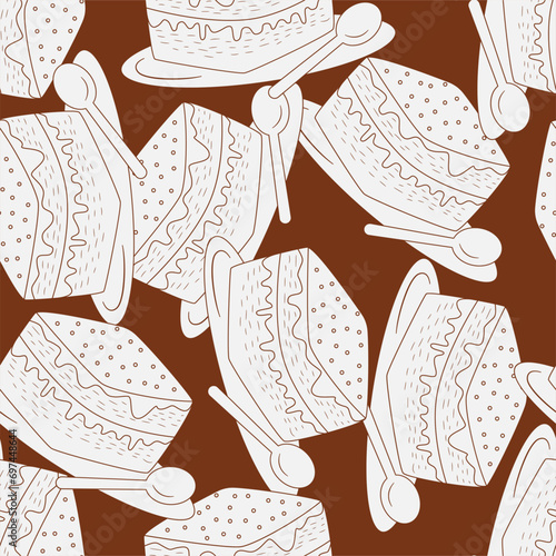 Tiramisu line art seamless pattern. Suitable for backgrounds, wallpapers, fabrics, textiles, wrapping papers, printed materials, and many more.