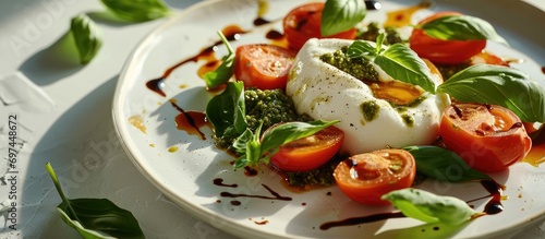 Italian salad with Burrata cheese and tomatoes. Fancy caprese with burrata cheese, cherry tomatoes, pesto and balsamic sauces. Summer dish with mozzarella cheese on white table with shadow.