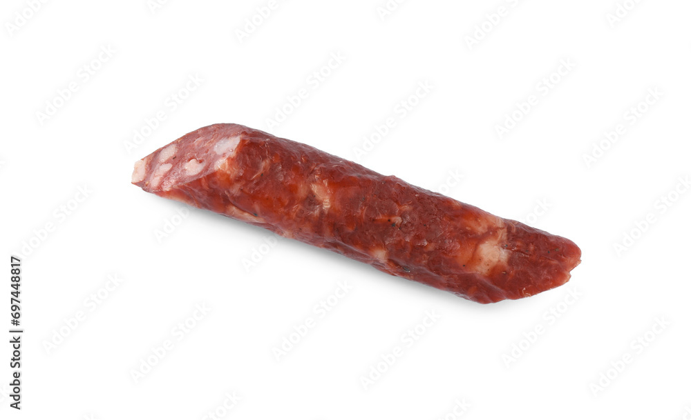 Piece of thin dry smoked sausage isolated on white, top view Piece of thin dry smoked sausage isolated on white, top view