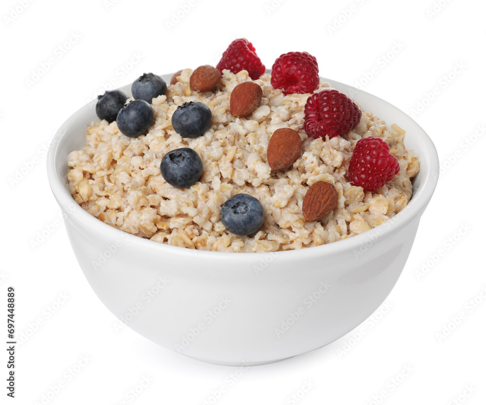 Tasty boiled oatmeal with berries and almonds in bowl isolated on white Tasty boiled oatmeal with berries and almonds in bowl isolated on white