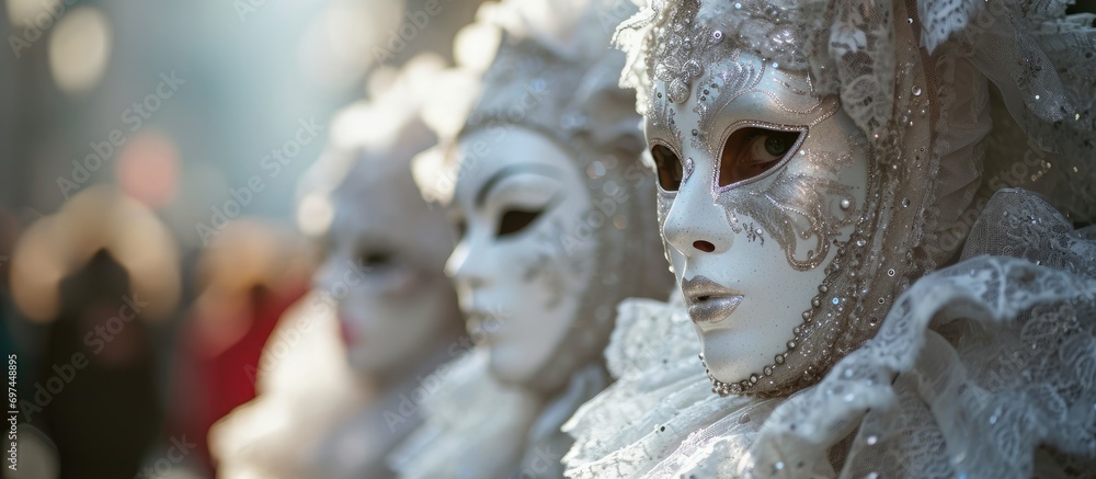 White masks held in the streets of Venice during the Carnival. White masks held in the streets of Venice during the Carnival.