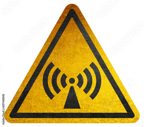 Danger symbol Non-ionizing radiation yellow triangle warning sign. Attention symbol on yellow background in triangle. Hazard warning symbol rustic texture. Attention symbol of non ionized threat alert photo