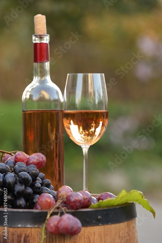 Fototapeta Naklejka Na Ścianę i Meble -  Delicious wine and ripe grapes on wooden barrel outdoors