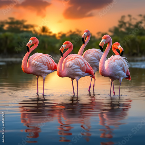 A group of flamingos gracefully wading in the shallow waters of a lagoon. © Cao