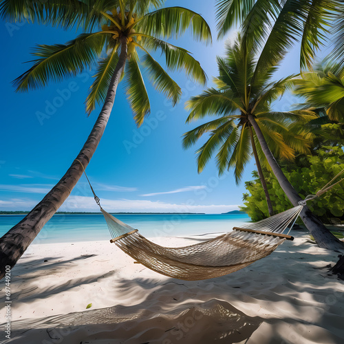 A hammock strung between two palm trees on a pristine tropical beach