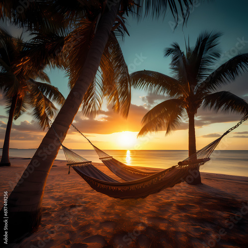 A hammock swaying gently between two palm trees on a tropical island © Cao
