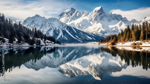 An alpine landscape featuring snow-capped mountains and a crystal-clear lake reflecting the sky.
