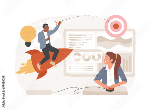 StartUp isolated concept vector illustration. Startup launch, entrepreneurship, new business idea, self-employment, business venture, mentoring, market validation and investments vector concept.