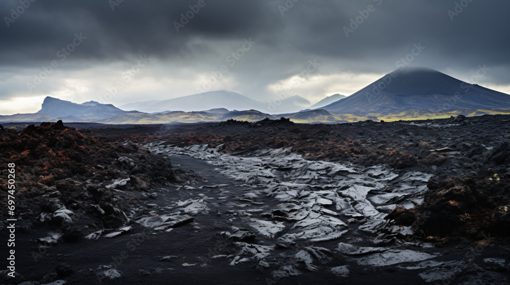 A volcanic landscape with rugged lava fields and a smoking volcano under a stormy sky.