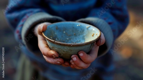 A close-up of a child's hands clutching an empty bowl, evoking empathy for the persistent issue of hunger in many communities.