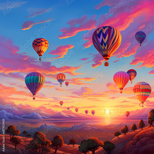 Cluster of hot air balloons drifting against a colorful sunset sky.