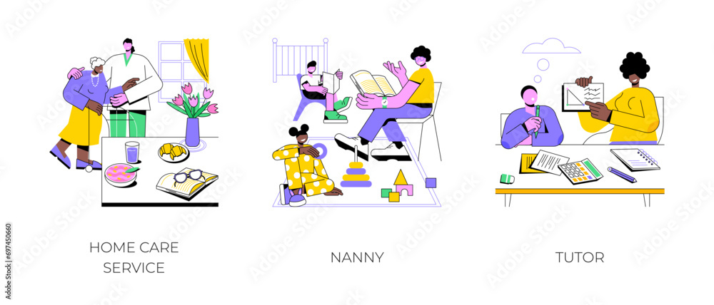 Caregiver services isolated cartoon vector illustrations set. Home care service for elderly, nursing assistance, professional nanny playing with kids, self-employed tutor teaching vector cartoon.