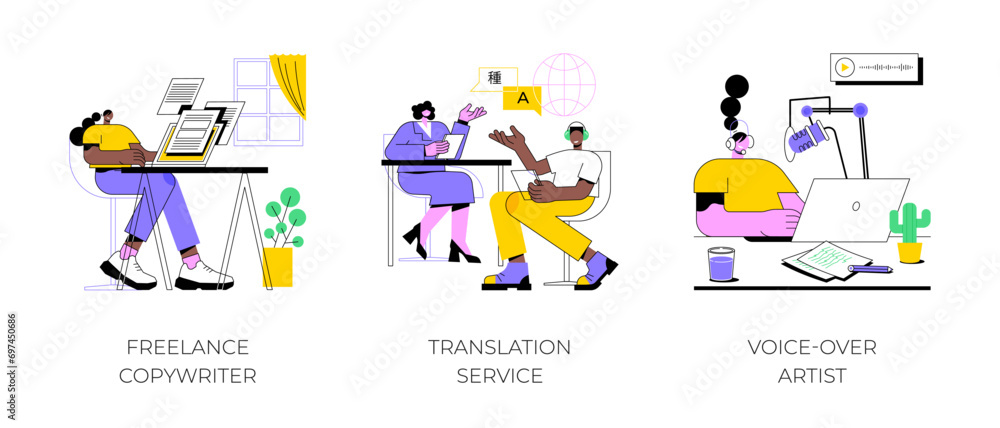 On-demand services isolated cartoon vector illustrations set. Freelance copywriter work with laptop, professional translation online, voice over artist service, recording audio vector cartoon. On-demand services isolated cartoon vector illustrations set. Freelance copywriter work with laptop, professional translation online, voice over artist service, recording audio vector cartoon.