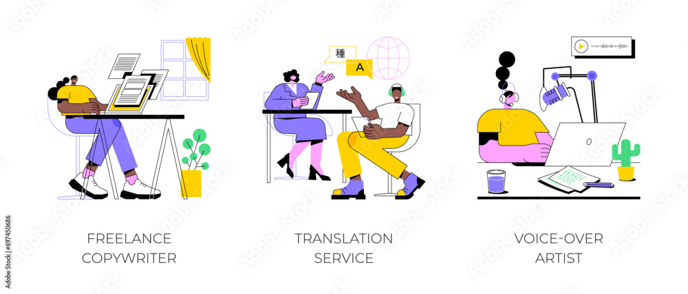 On-demand services isolated cartoon vector illustrations set. Freelance copywriter work with laptop, professional translation online, voice over artist service, recording audio vector cartoon.