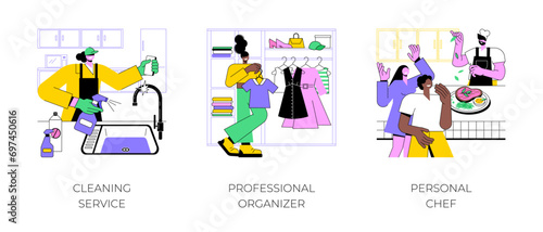 Freelance services isolated cartoon vector illustrations set. Woman cleaning house, housekeeping service, professional assistant organizing wardrobe, personal chef preparing food vector cartoon.