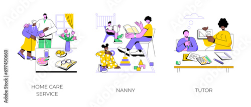 Caregiver services isolated cartoon vector illustrations set. Home care service for elderly, nursing assistance, professional nanny playing with kids, self-employed tutor teaching vector cartoon.