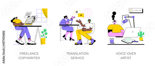 On-demand services isolated cartoon vector illustrations set. Freelance copywriter work with laptop, professional translation online, voice over artist service, recording audio vector cartoon. © Vector Juice