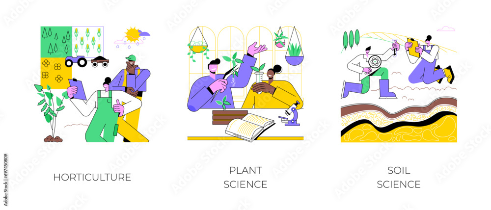 Agriculture studies isolated cartoon vector illustrations set. Horticulture course, education, plant science program, group of diverse students learns soil science on field vector cartoon.