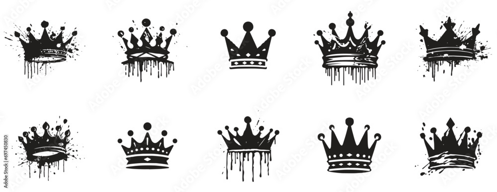 Set of crown icon. royal and queen icon black and white. logo for crown, paint splash style. sign and symbol. royalty vintage style white background. vector illustration - obrazy, fototapety, plakaty 