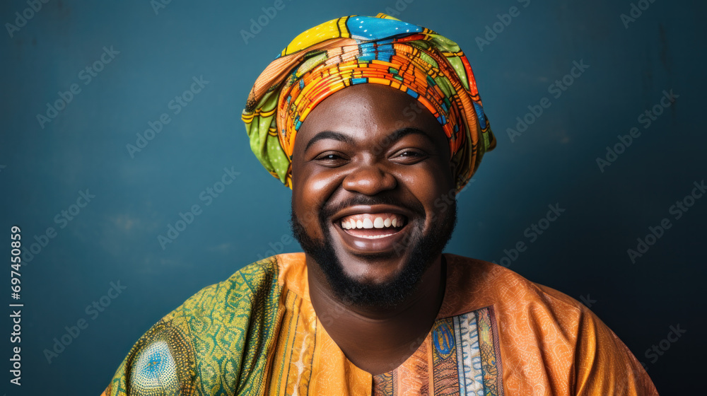 Obraz premium Closeup shot of happy young african plus size man in tribal shirt looking away and smiling, portrait of positive black bearded guy in traditional african costume, selective focus with free space