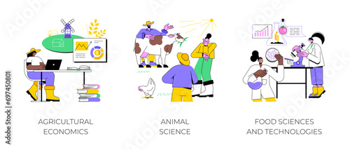 Education in agriculture isolated cartoon vector illustrations set. Agricultural economics, training agribusiness workers, animal science, study food technologies, farmer support vector cartoon.