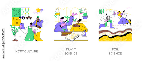 Agriculture studies isolated cartoon vector illustrations set. Horticulture course, education, plant science program, group of diverse students learns soil science on field vector cartoon.
