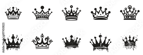Set of crown icon. royal and queen icon black and white. logo for crown, paint splash style. sign and symbol. royalty vintage style white background. vector illustration photo