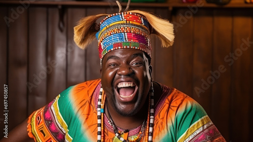 Closeup shot of happy young african plus size man in tribal shirt looking away and smiling, portrait of positive black bearded guy in traditional african costume, selective focus with free space