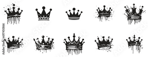 Set of crown icon. royal and queen icon black and white. logo for crown, paint splash style. sign and symbol. royalty vintage style white background. vector illustration
