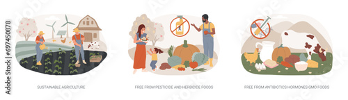 Natural farming isolated concept vector illustration set. Sustainable agriculture, free from pesticide, herbicide, antibiotics and hormones GMO foods, organic farm market, watering vector concept.