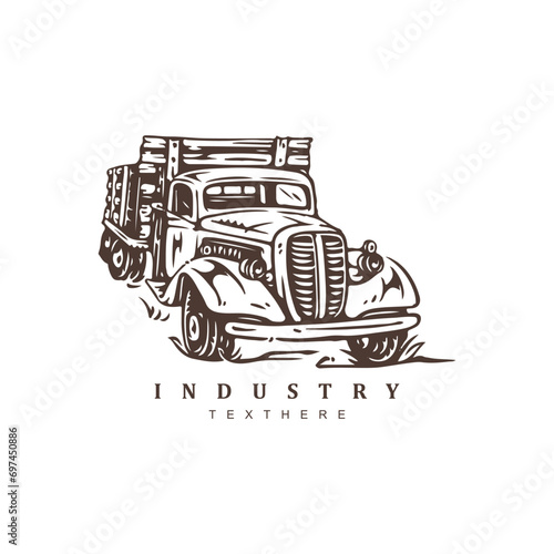 Vintage retro hand drawn pickup truck logo design isolated on white background