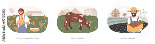 Eco farming isolated concept vector illustration set. Free run chicken and eggs, grass fed beef, natural farming, agro-industry, rich nutrient diet, organic food, agriculture vector concept.