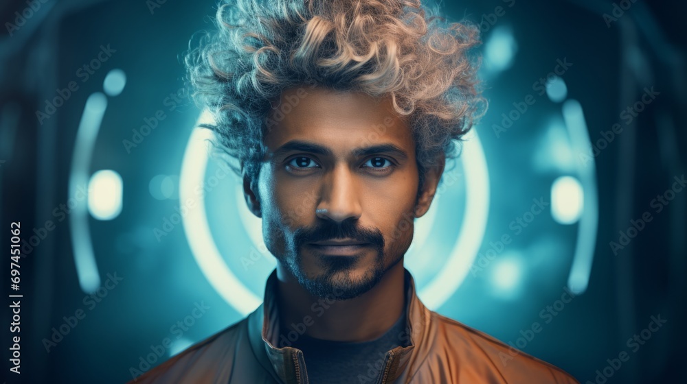 Photorealistic Adult Indian Man with Blond Curly Hair Futuristic Illustration. Portrait of a person with creative hairstyle in sci-fi movie style. Space-age Ai Generated Horizontal Illustration. Photorealistic Adult Indian Man with Blond Curly Hair Futuristic Illustration. Portrait of a person with creative hairstyle in sci-fi movie style. Space-age Ai Generated Horizontal Illustration.