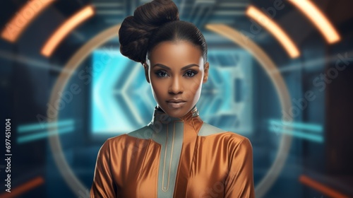 Photorealistic Adult Black Woman with Brown Straight Hair Futuristic Illustration. Portrait of a person with creative hairstyle in sci-fi movie style. Space-age Ai Generated Horizontal Illustration.