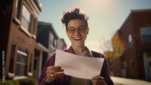 Excited non-binary high school senior receiving an acceptance letter to a university photo