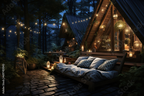 A cozy cabin in the woods adorned with celestial decorations, offering an intimate escape for a Valentine's Day getaway. Generative Ai. © Sebastian