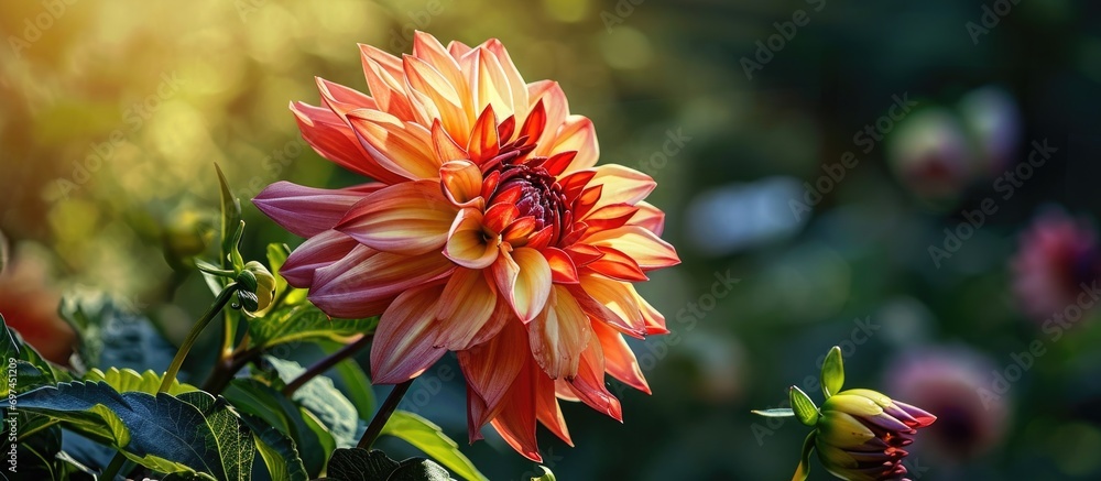A colorful flower blossoms, highlighted by sunlight, creating a stunning masterpiece. A colorful flower blossoms, highlighted by sunlight, creating a stunning masterpiece.