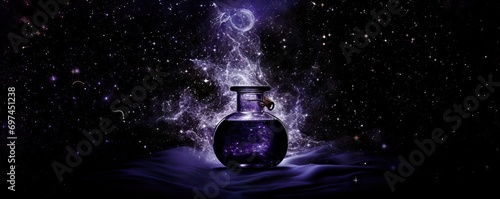 Bottle of magic potion glowing in darkness with mystery night starry sky on background. Glass vial with galaxy elixir. Fantasy substance, witch's bottled drinks photo