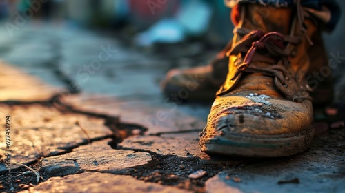 A close-up of worn-out shoes standing on a cracked sidewalk, symbolizing the journey through poverty.