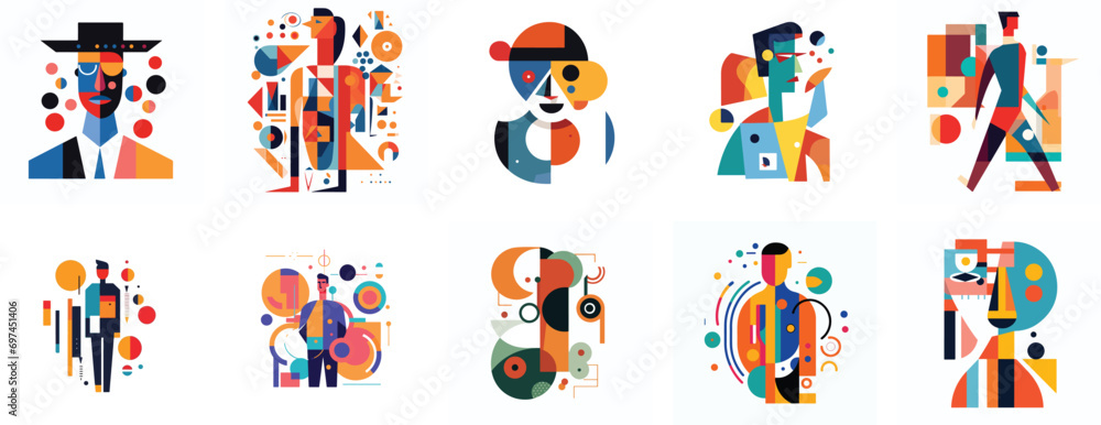 set of woman and man vector characters. woman and man vector character. pop art color style. deco style art. vector illustration. set of woman and man vector characters. woman and man vector character. pop art color style. deco style art. vector illustration.