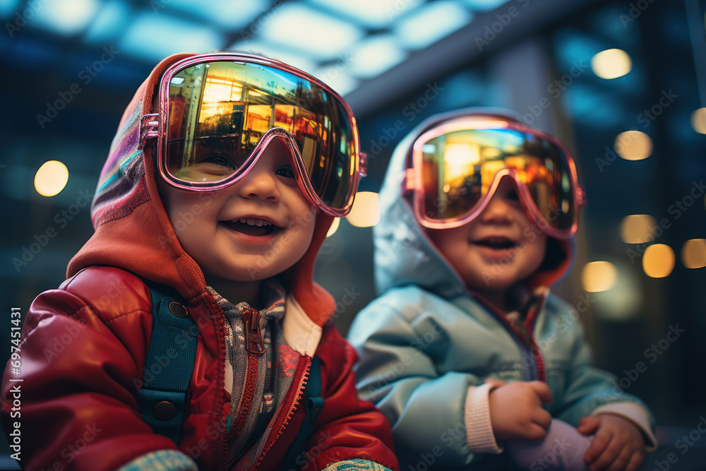 Infants in oversized, funny glasses, playing with their reflections and discovering the joy of self-expression. Generative Ai.