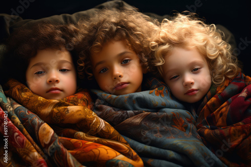Little ones wrapped in silly-shaped blankets, turning naptime into a delightful adventure in the world of imagination. Generative Ai. © Sebastian