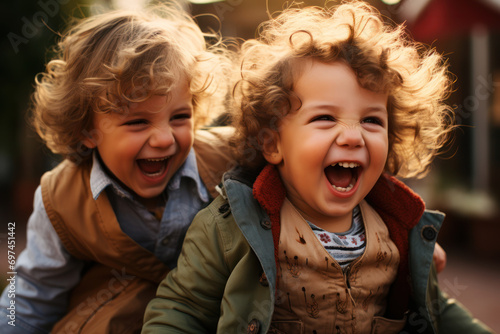 Toddler friends engaged in a game of funny faces, showcasing the pure joy of expressing emotions through laughter. Generative Ai.