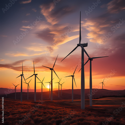 Group of wind turbines silhouetted against a warm evening sky.