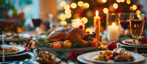 Family dinner at home for Thanksgiving or Christmas with delicious turkey roast and festive table setting.