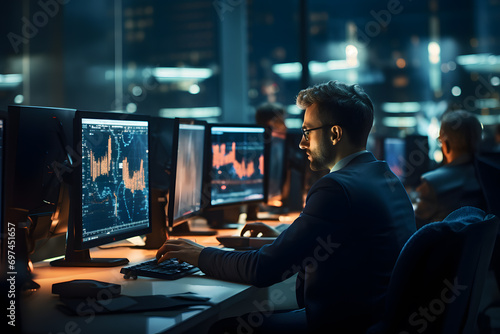 Businessman working on multiple computer monitors in office at night. Stock market trading concept