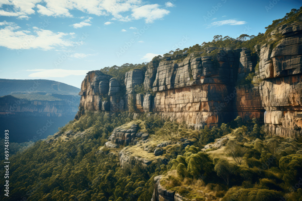 The rugged cliffs of the Blue Mountains, showcasing the breathtaking scenery of Australia's natural wonders. Generative Ai.