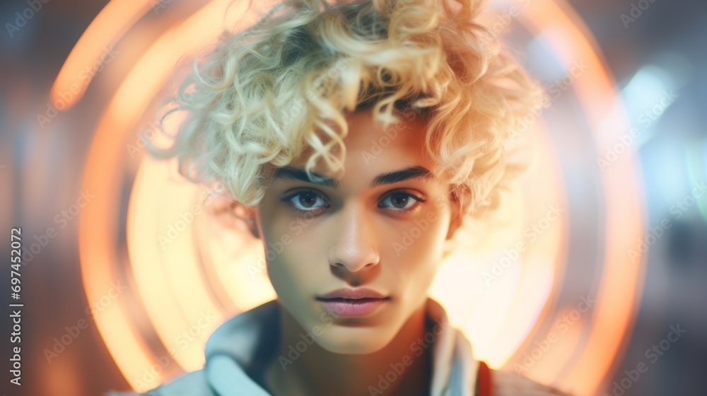 Photorealistic Teen Latino Man with Blond Curly Hair Futuristic Illustration. Portrait of a person with creative hairstyle in sci-fi movie style. Space-age Ai Generated Horizontal Illustration. Photorealistic Teen Latino Man with Blond Curly Hair Futuristic Illustration. Portrait of a person with creative hairstyle in sci-fi movie style. Space-age Ai Generated Horizontal Illustration.