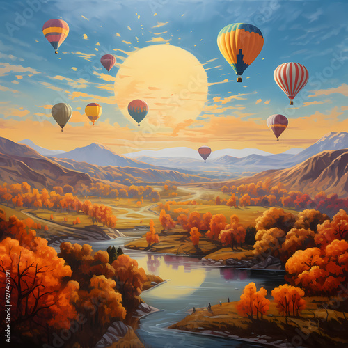 Hot air balloons floating over a landscape painted with autumn hues.