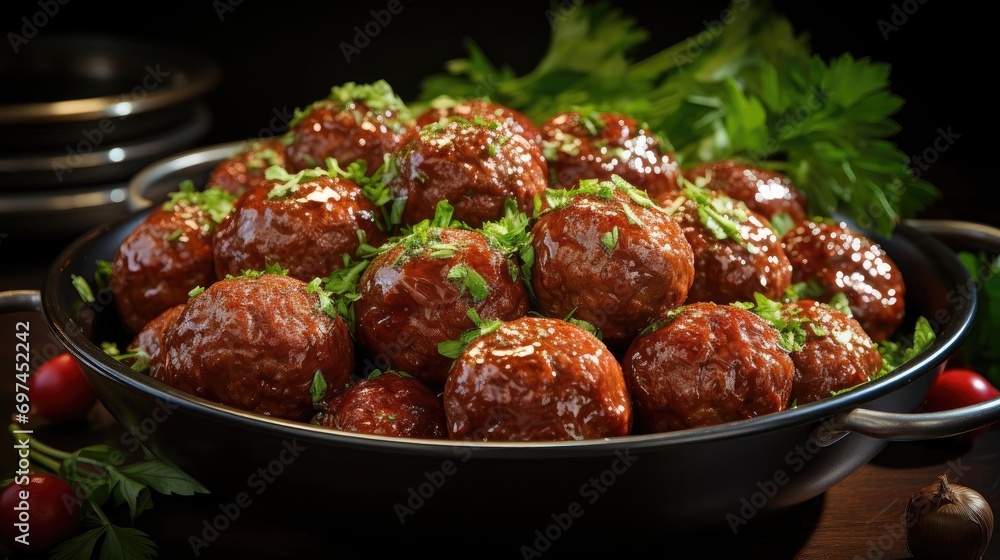 meatballs with melted tomato sauce on a bowl with a black and blur background meatballs with melted tomato sauce on a bowl with a black and blur background